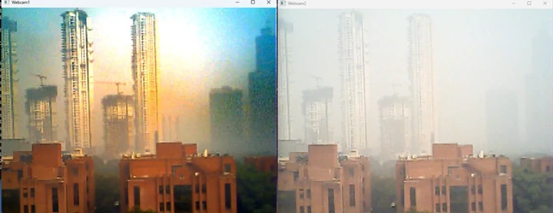 Original before-and-after prototype view of a hazy urban scene