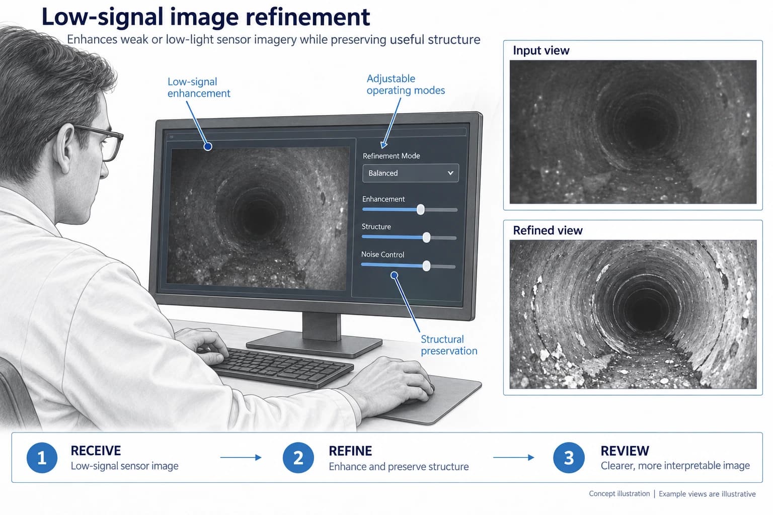 Technical concept illustration showing the functions and outputs of Adaptive Image Refinement for Low-Signal Data