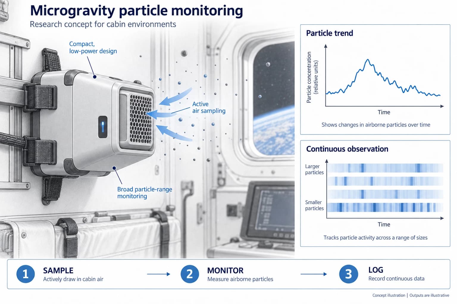 Technical concept illustration showing the functions and outputs of Airborne Particulate Monitoring in Microgravity