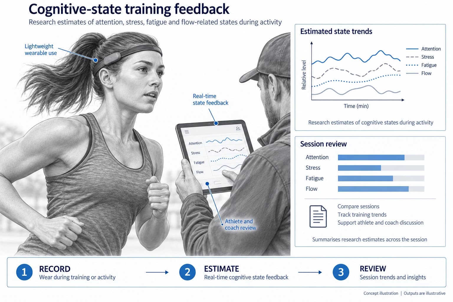 Technical concept illustration showing the functions and outputs of Cognitive-State Feedback for Sports and Fitness