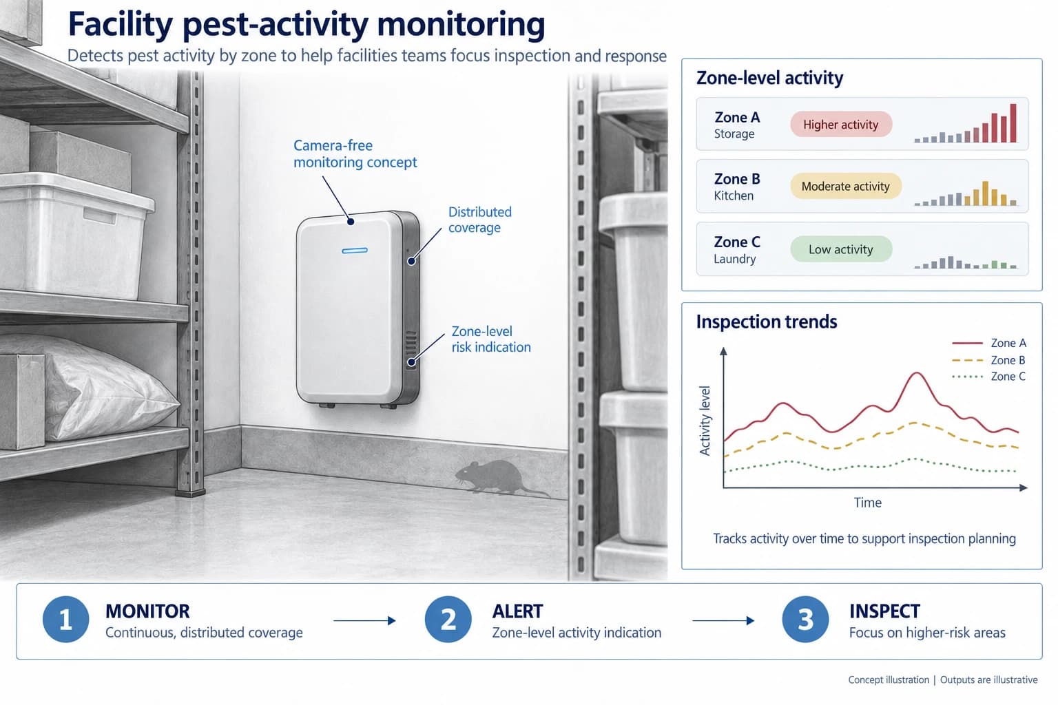 Technical concept illustration showing the functions and outputs of Infrastructure-Based Pest Detection