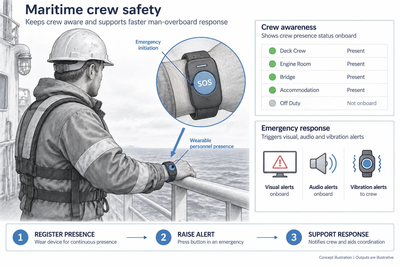 Technical concept illustration showing the functions and outputs of Integrated Maritime Safety for Seafarers