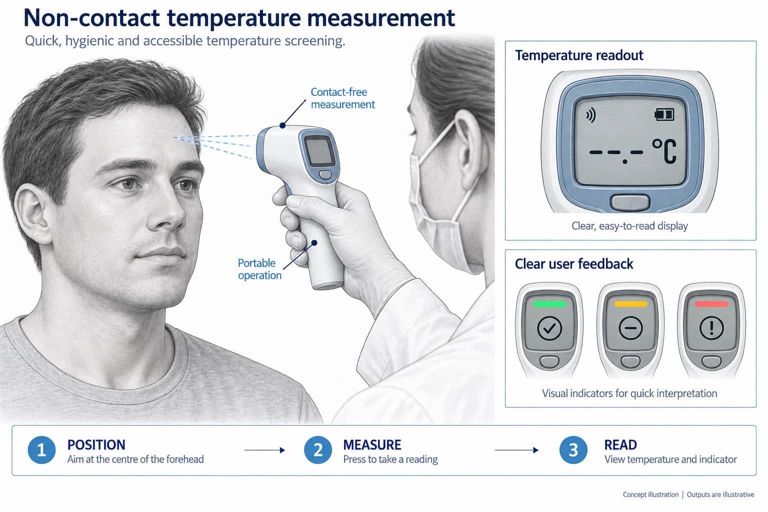 Technical concept illustration showing the functions and outputs of Cost Effective and Non-Contact Digital Thermometer