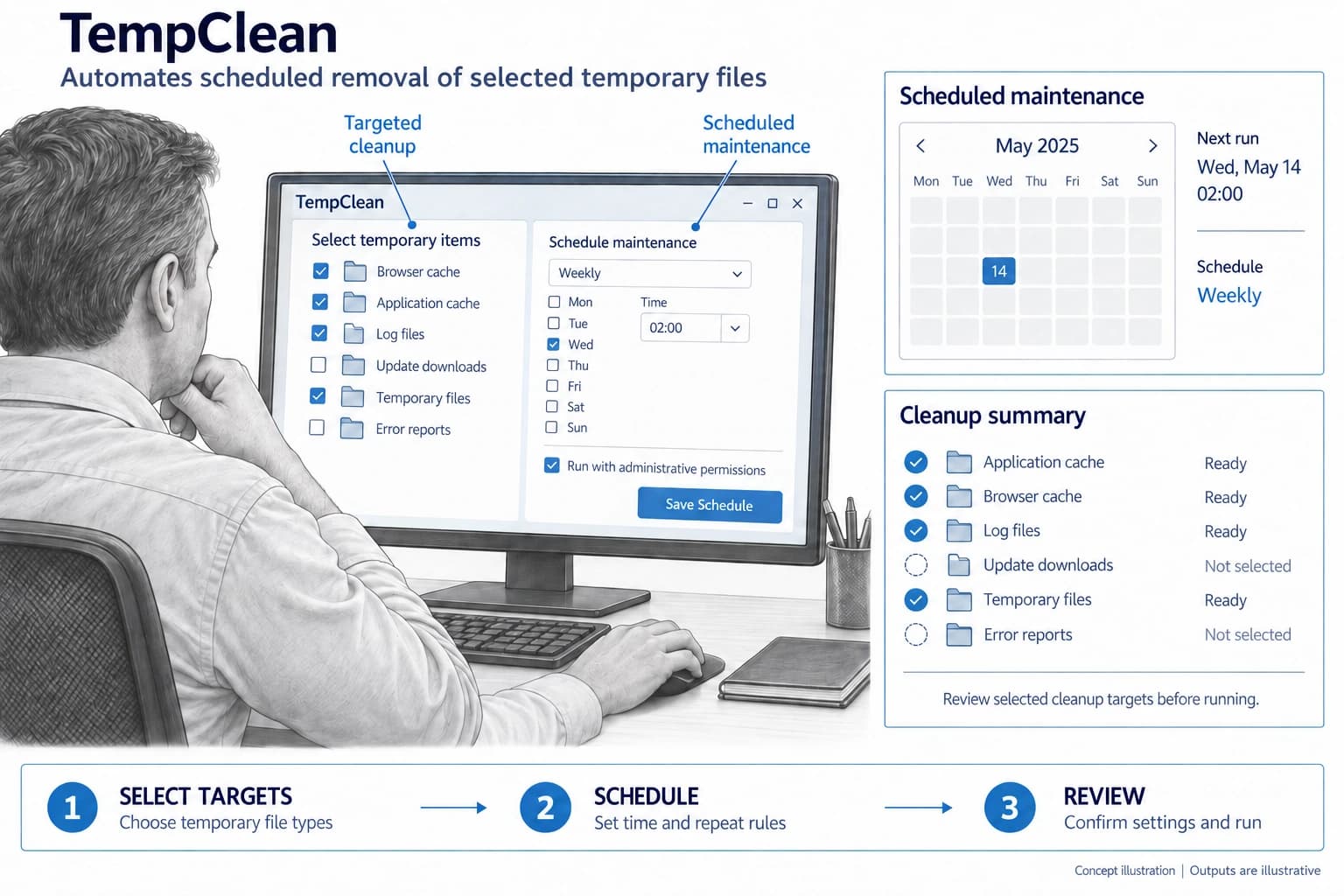 Technical concept illustration showing the functions and outputs of TempClean scheduled maintenance utility