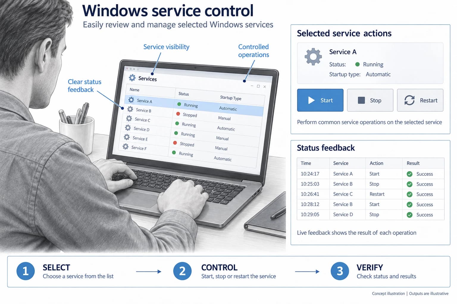 Technical concept illustration showing the functions and outputs of Windows service control utility