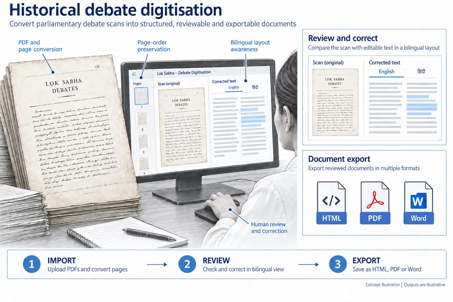 Technical concept illustration showing the functions and outputs of Lok Sabha Historical Debate Digitisation