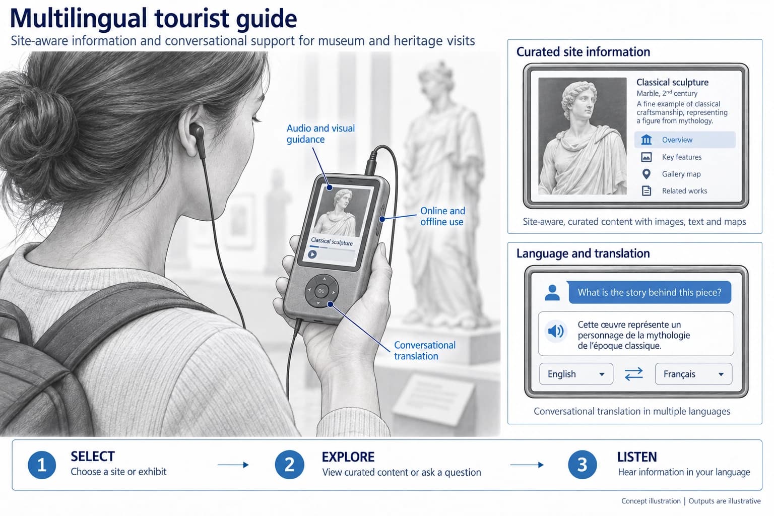 Technical concept illustration showing the functions and outputs of Adaptive Multilingual Tourist Guide