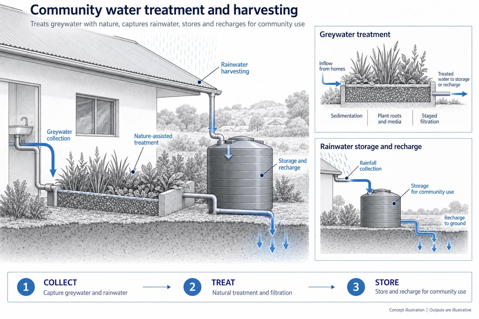 Technical concept illustration showing the functions and outputs of Phytoremediated Water Treatment and Harvesting