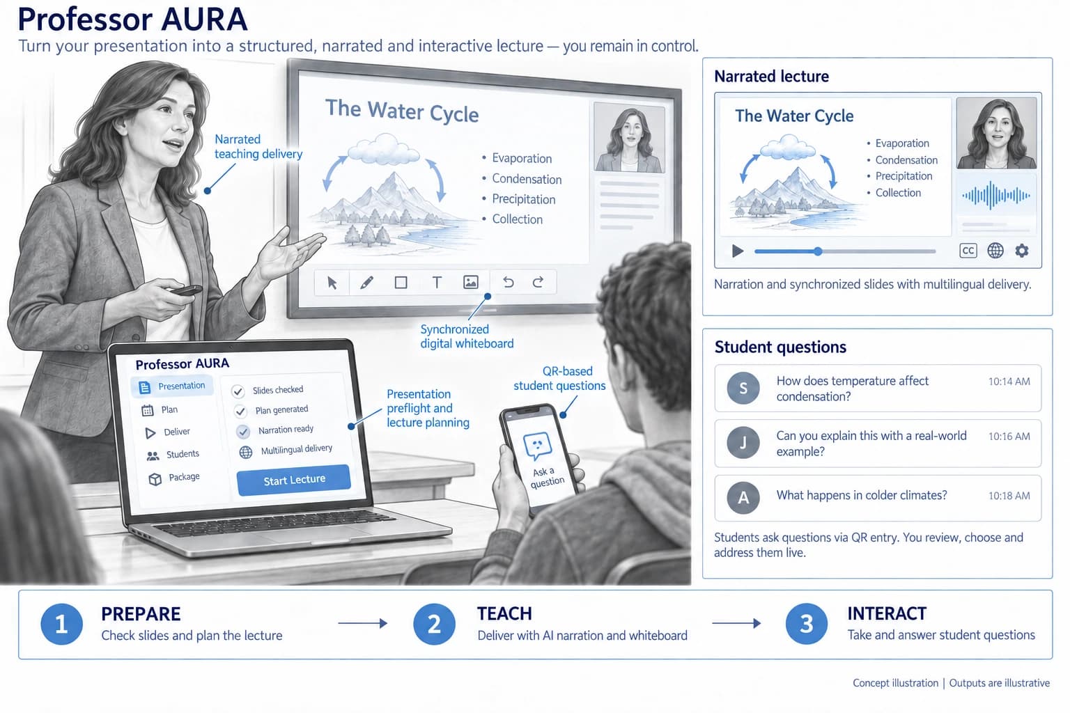 Technical concept illustration showing the functions and outputs of Professor AURA — AI-Assisted Lecture Delivery