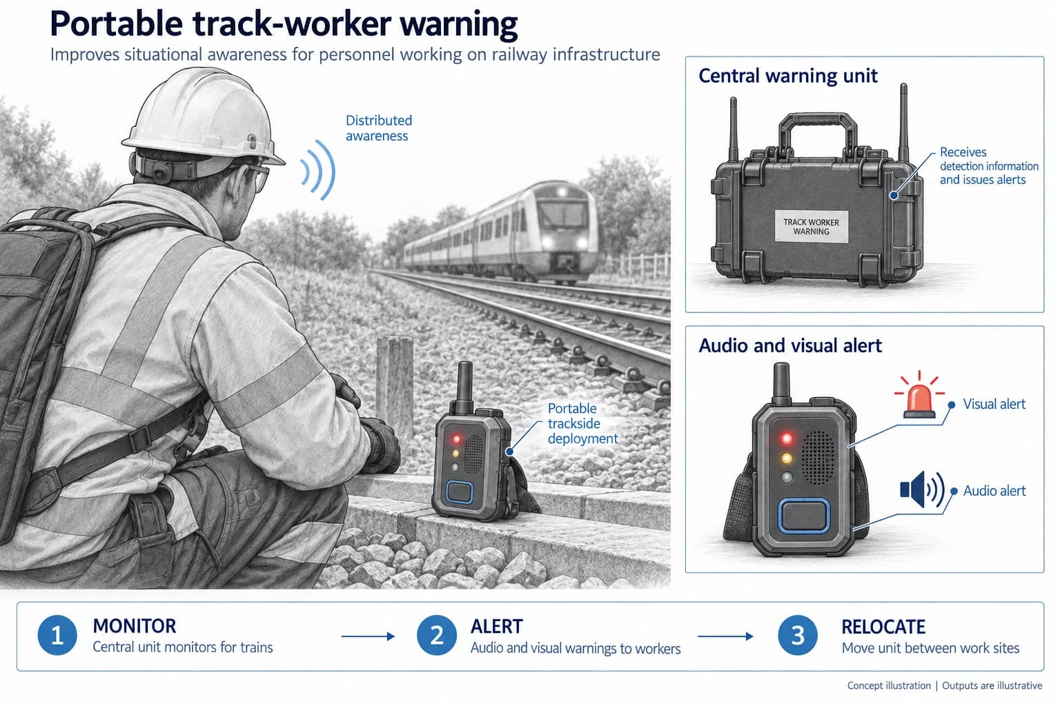 Technical concept illustration showing the functions and outputs of Advanced Networked Train Detection for Track Workers