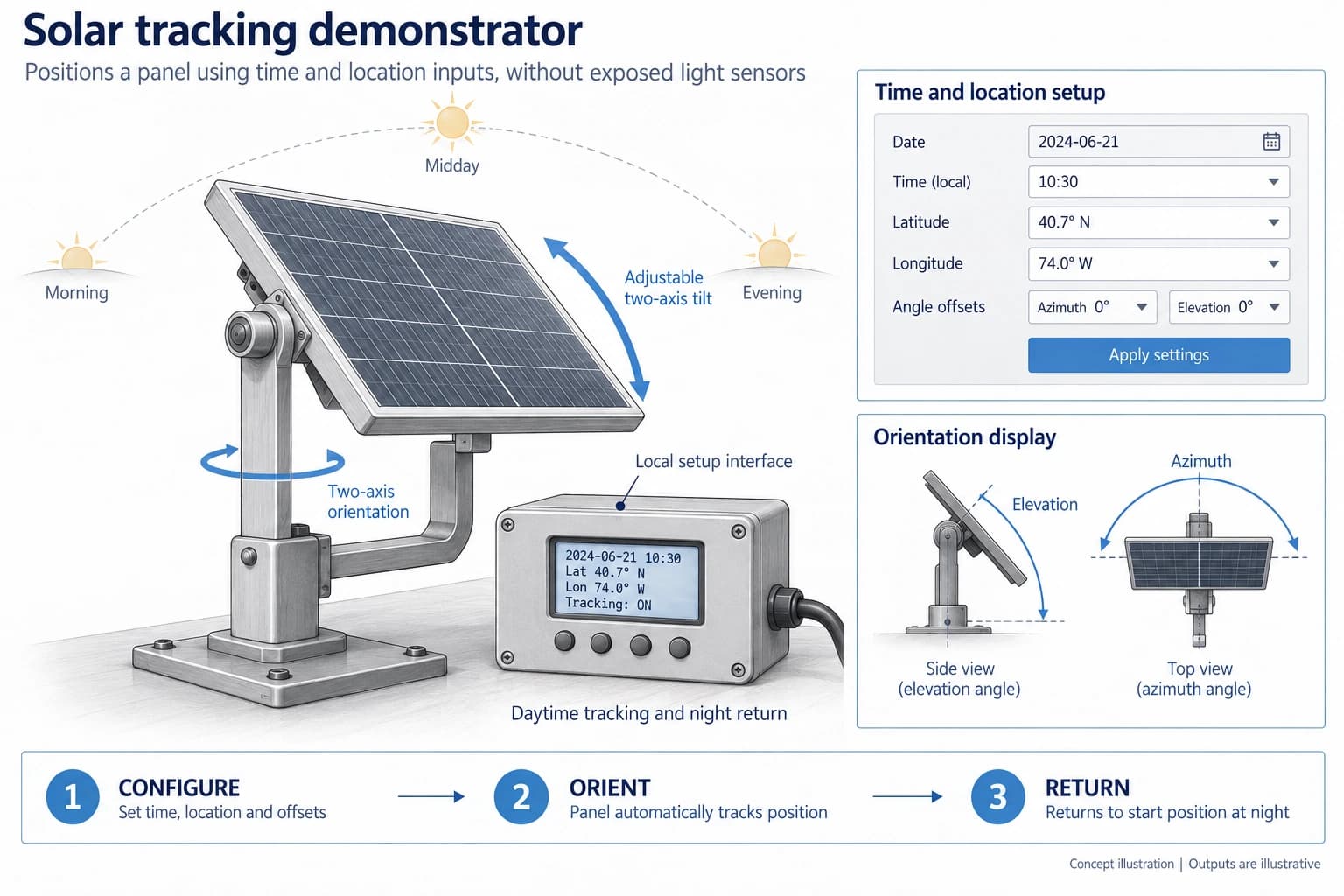 Technical concept illustration showing the functions and outputs of Sensor-Less Solar Tracking Demonstrator