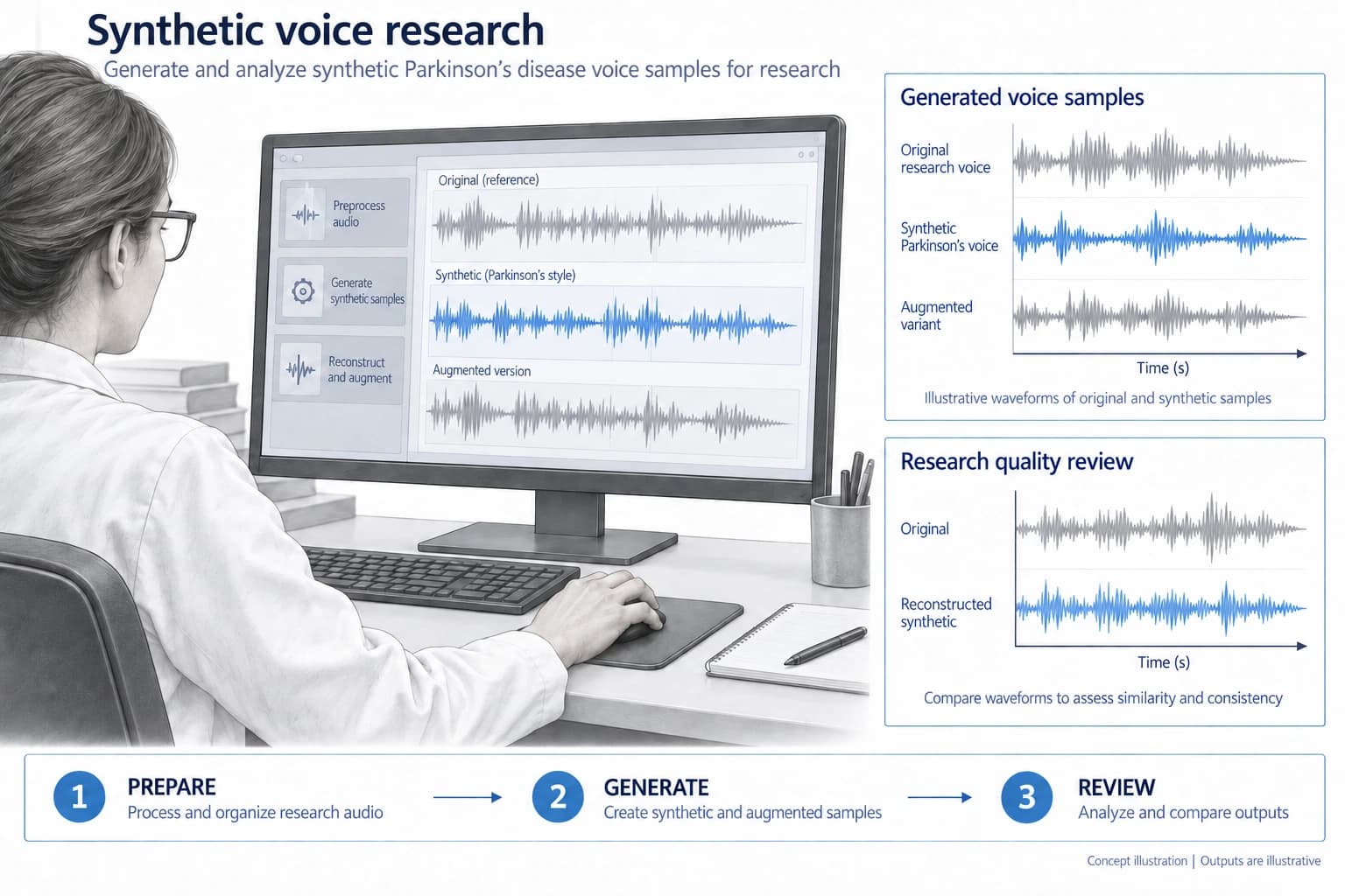 Technical concept illustration showing the functions and outputs of Synthetic Parkinson’s Disease Voice Research