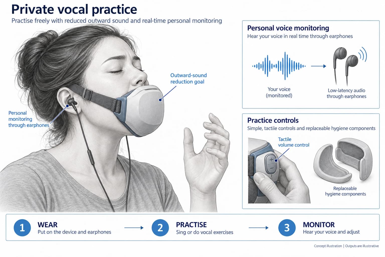 Technical concept illustration showing the functions and outputs of Wearable Private Vocal Practice Apparatus